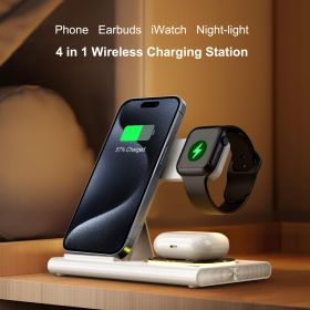 Wireless Charger Station, 4 In 1 Foldable 15W Fast Charging Wireless Charging Station With Night Light For IPods IWatch (Color: White)
